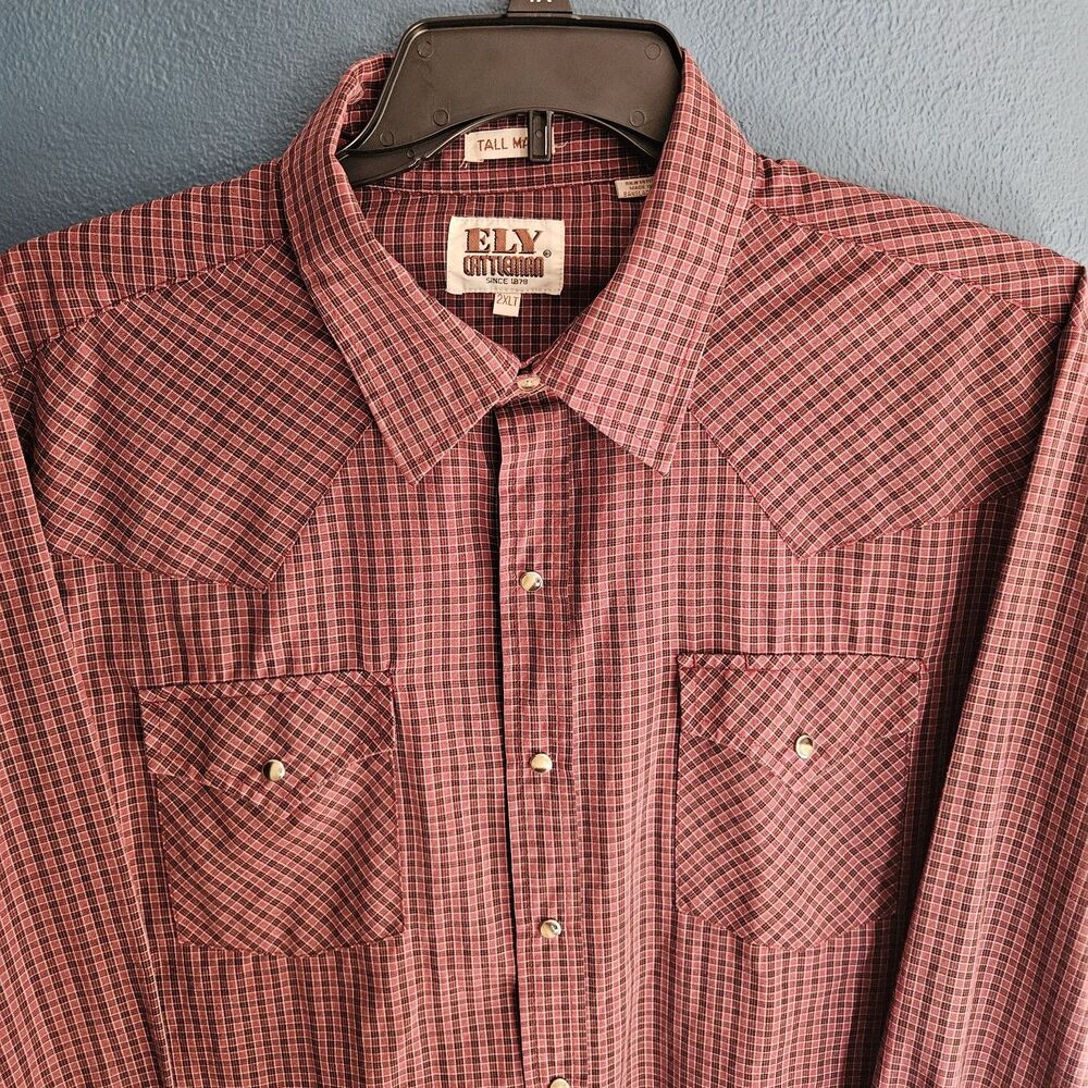 Ely Cattleman Shirt Western Pearl Snap Mens 2XLT Red Plaid Long Sleeve Tall Man